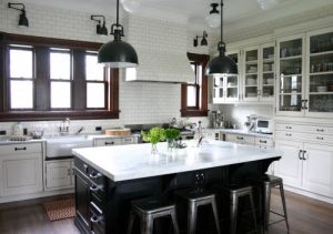Kitchen ideas - myLusciousLife.com - black and white kitchen with overhead lights.jpg